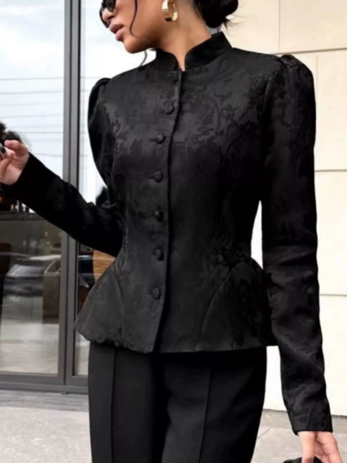 Jacquard Peplum Puff Sleeve Outerwear