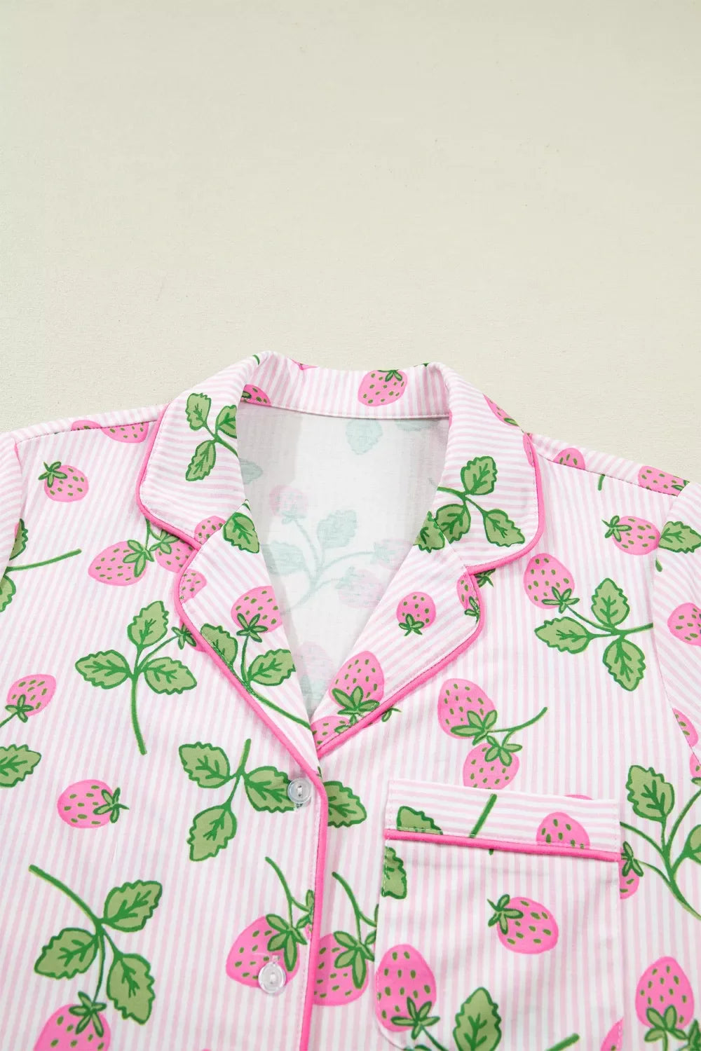 Striped Strawberry Print Lapel Shirt Drawstring Shorts 2pcs Pajama Set