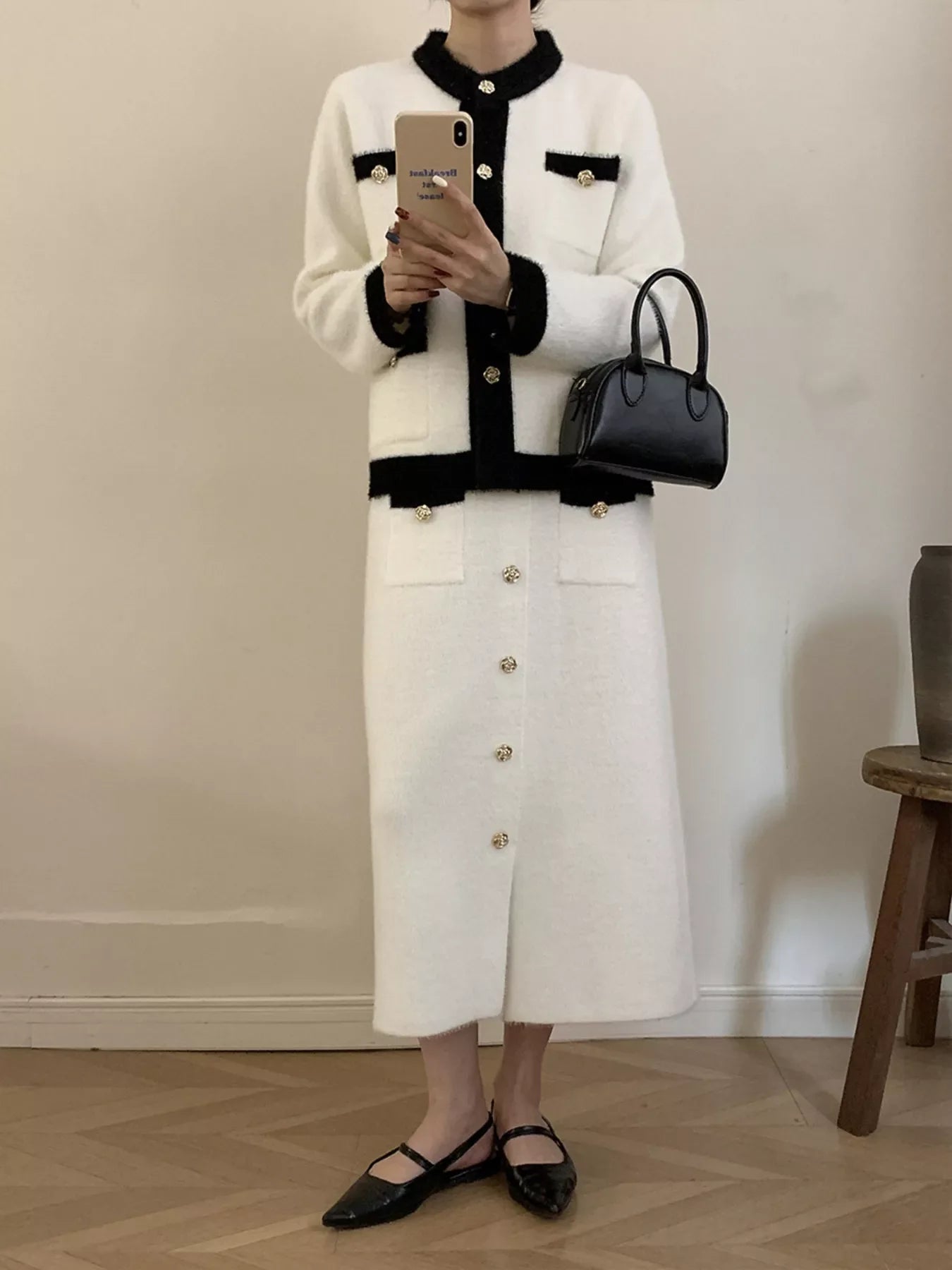 Contrast Trim Jacket and Skirts Sweater Set