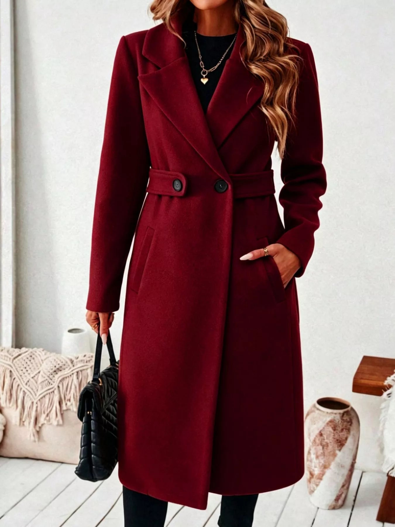 Full Size Elegant Lapel Collar Belted Coat with Pockets Plus Size