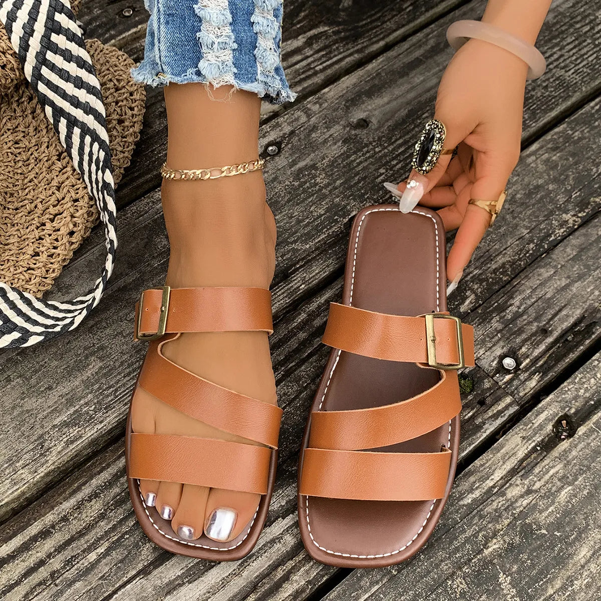 Open Toe Buckle Flat Sandals