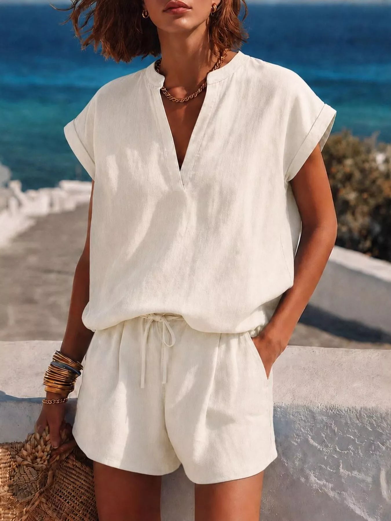 Notched Short Sleeve Top and Shorts Set