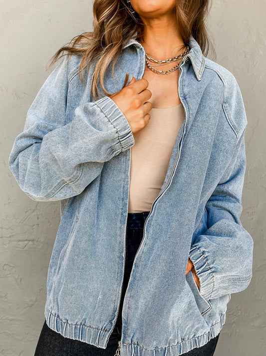Elastic Edge Collared Zip Up Denim Jacket With Pocket