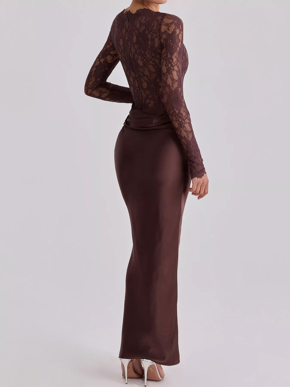Long-Sleeve Lace and Satin Patchwork Maxi Dress