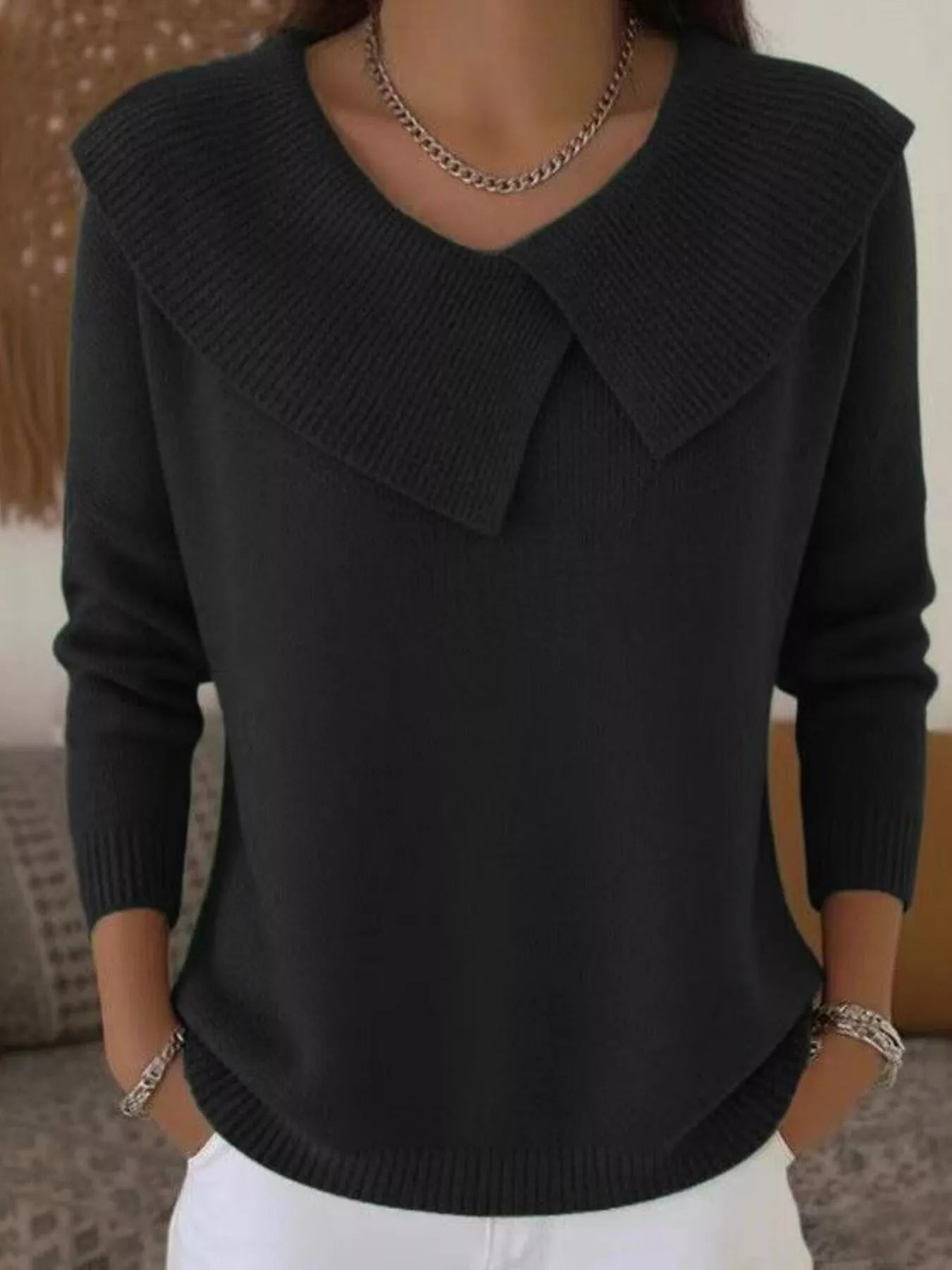Full Size Solid Color Ribbed Hem Sweater Plus Size