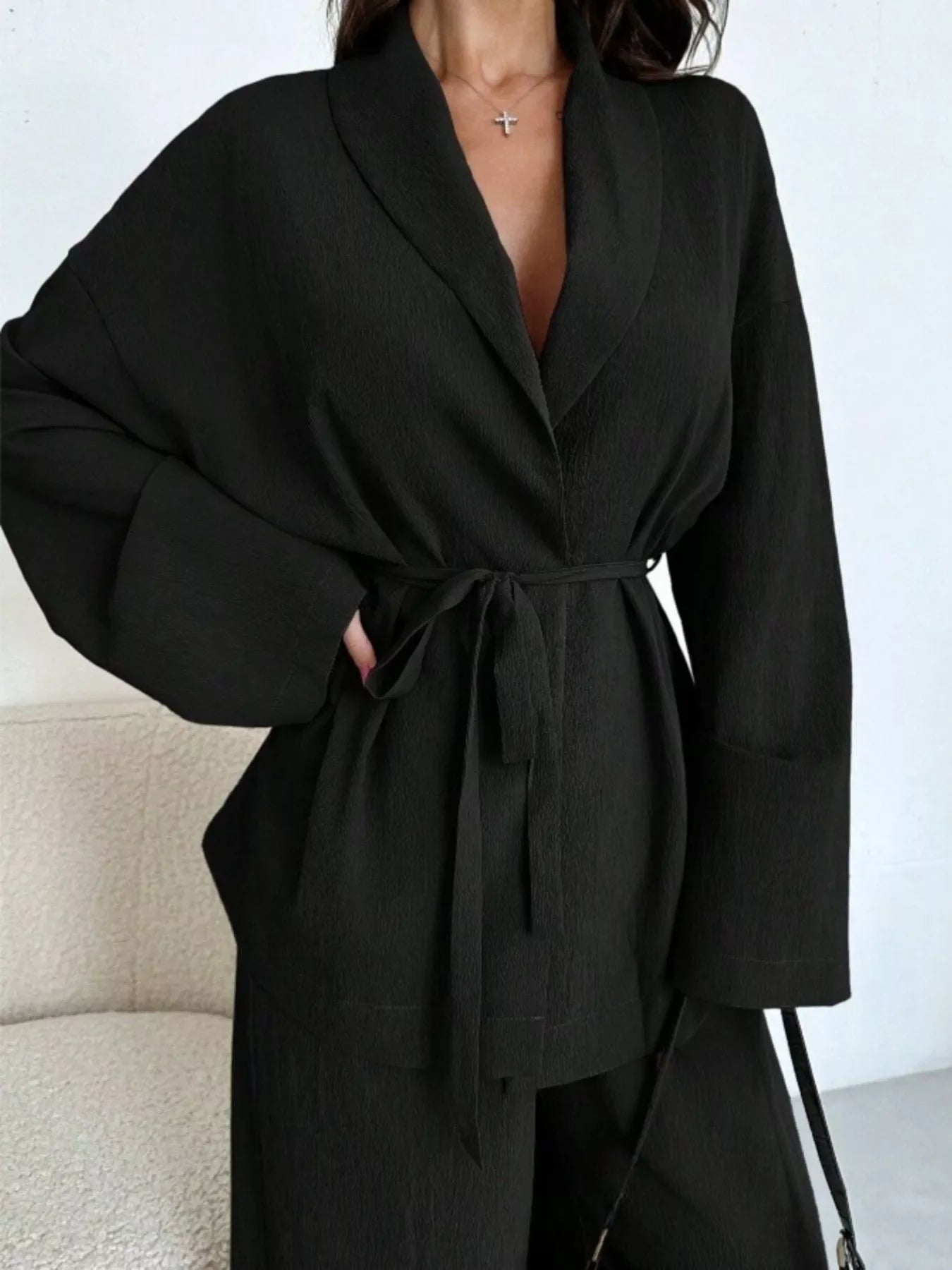Textured Tie Waist Top and Wide-Leg Pants Set