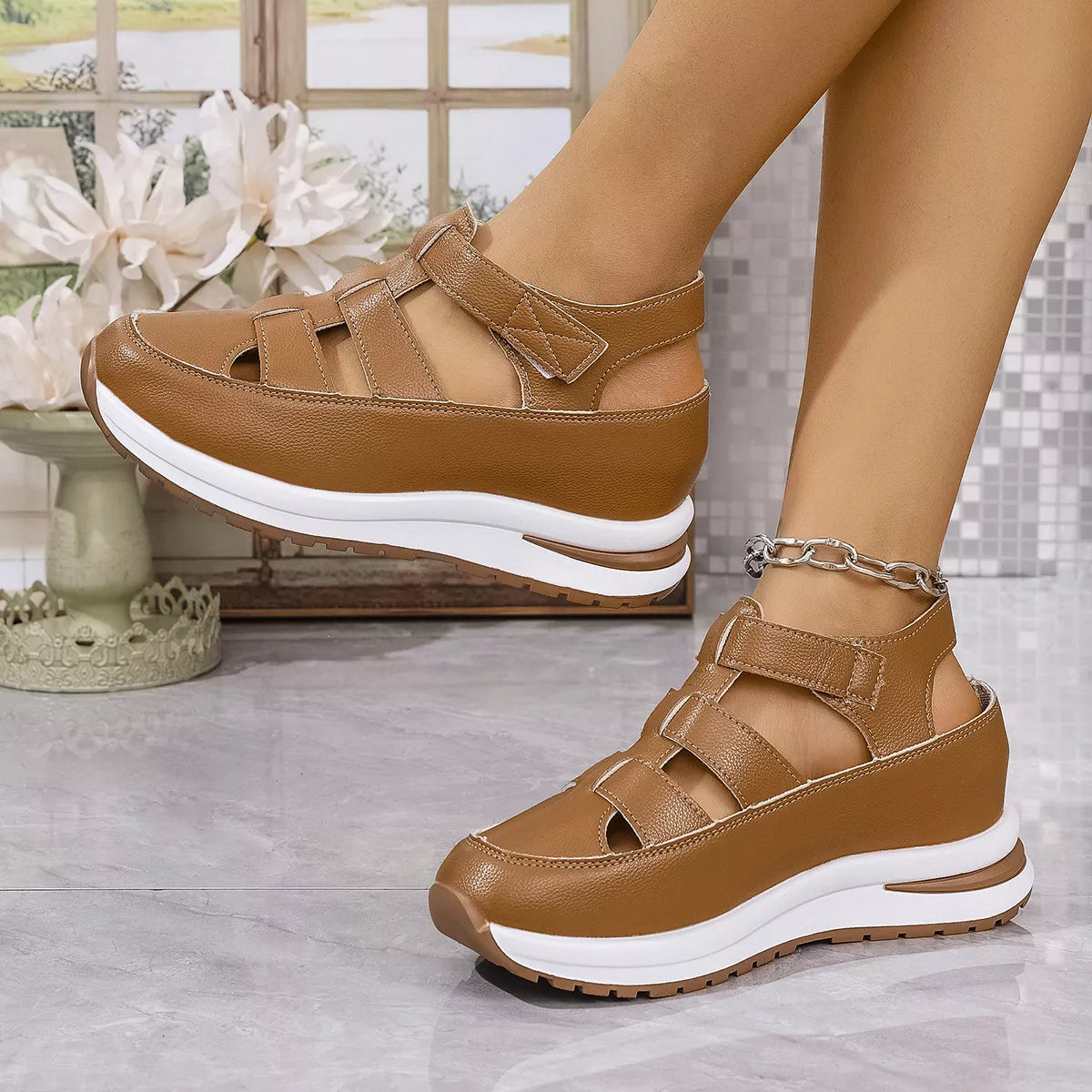 Cutout Wedge Velcro Sandals
