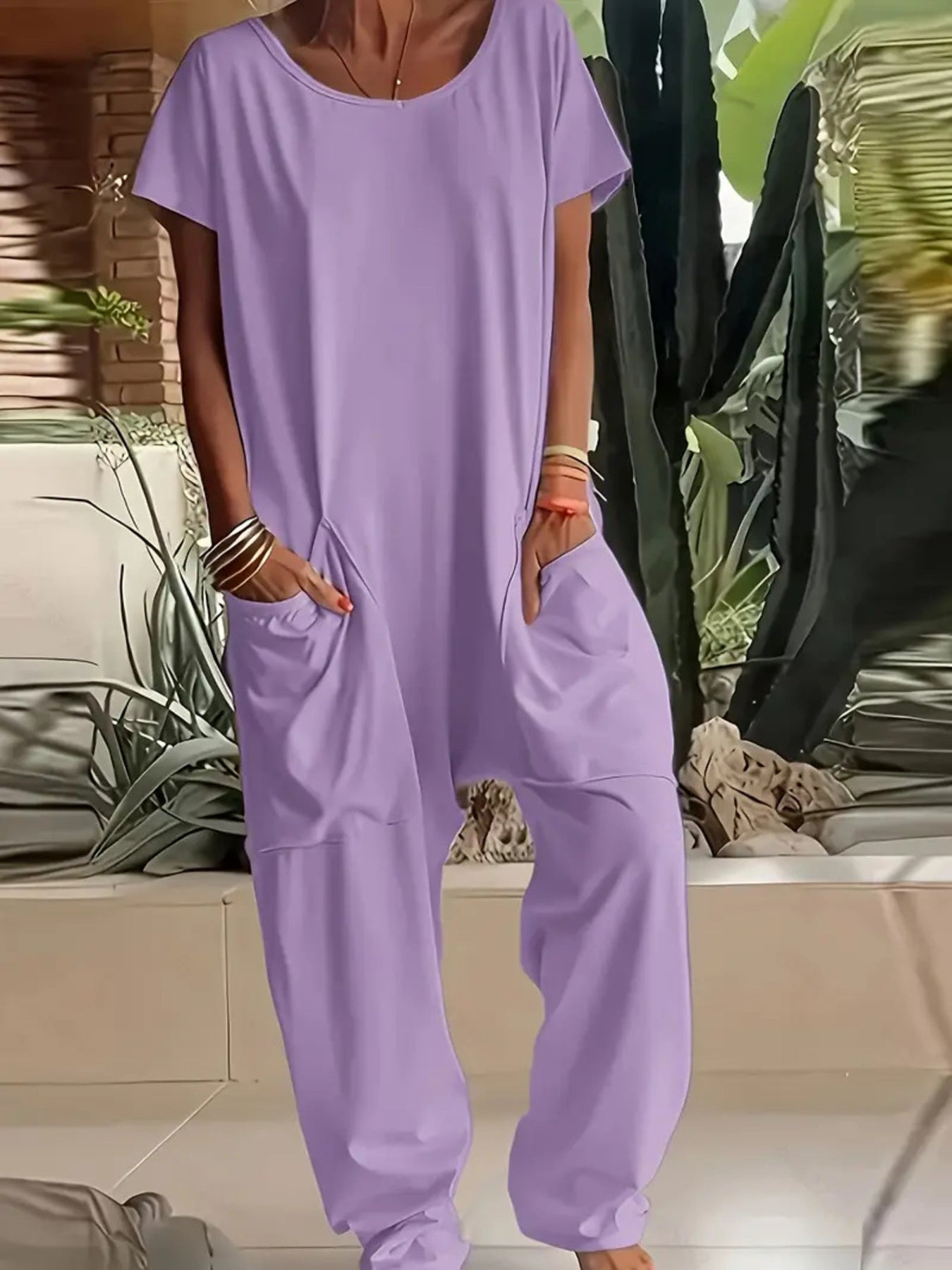 Full Size Loose Fit V-Neck Short Sleeve Wide Leg Jumpsuit Plus Size