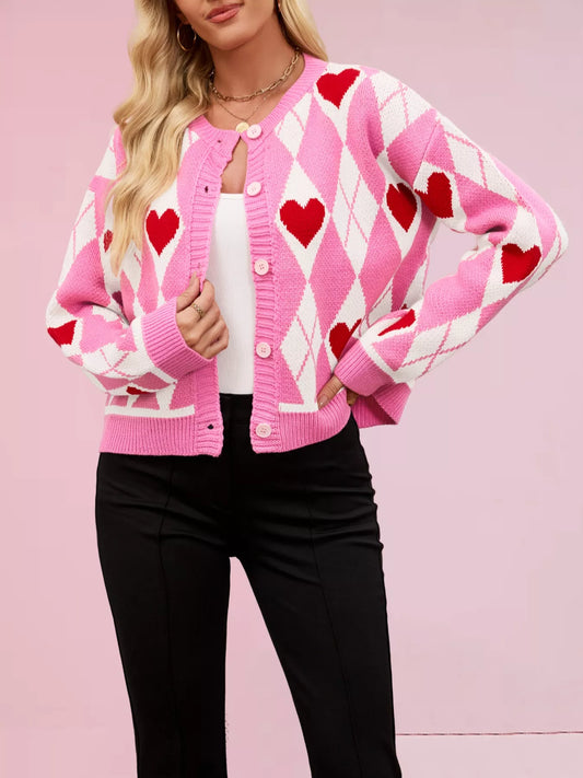 Heart Pattern Button-Up Cardigan