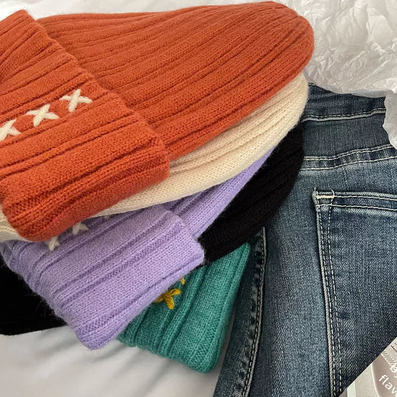 Knitted Beanie Hat with Embroidered Detail