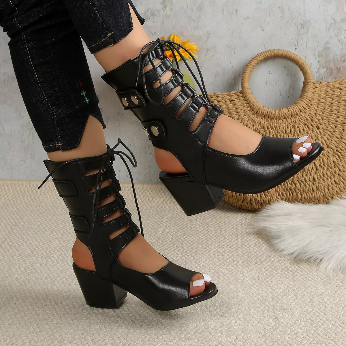 Lace Up Block Heels Sandals