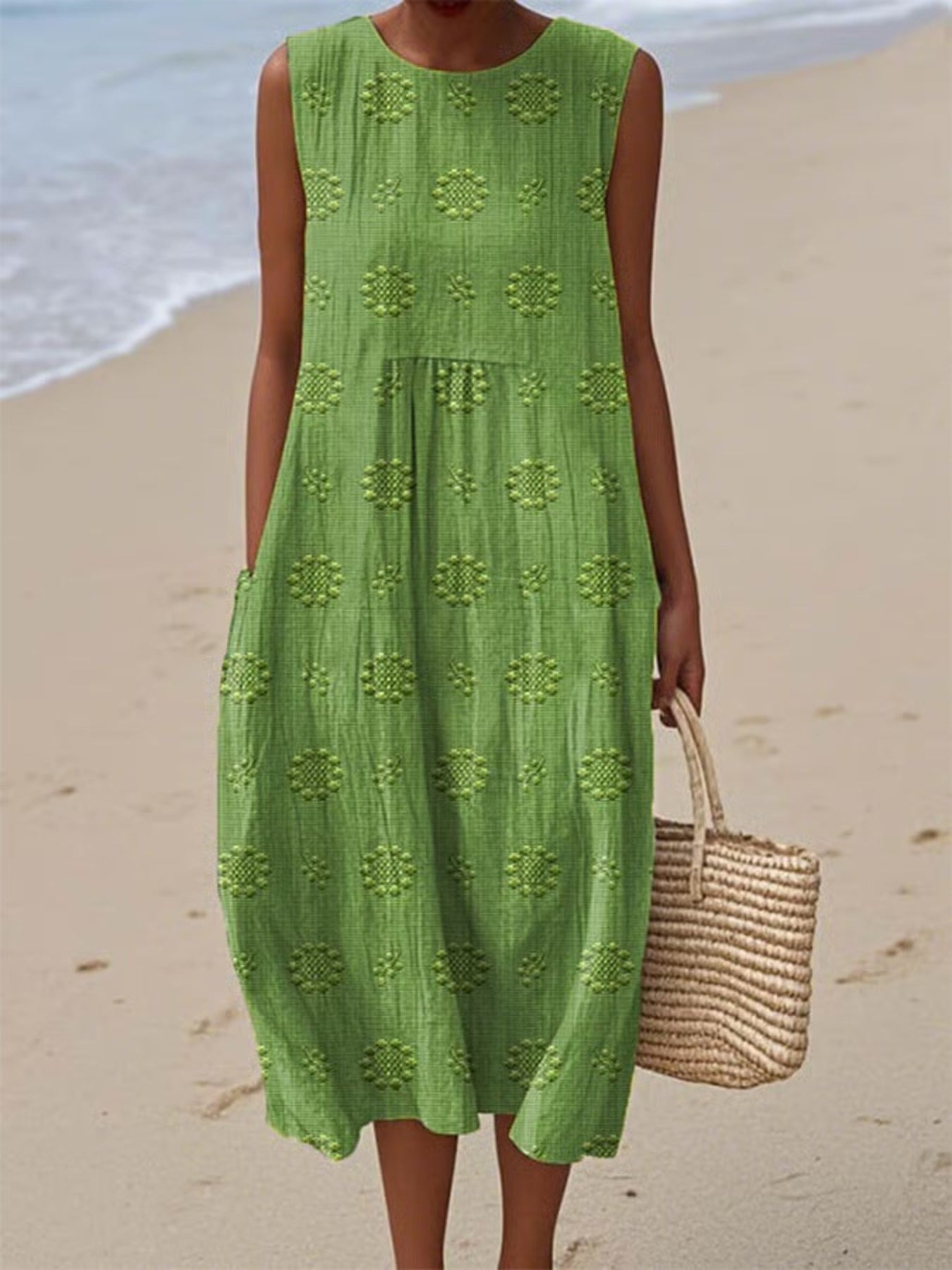 Full Size Round Neck Sleeveless Casual Midi Dress Plus Size