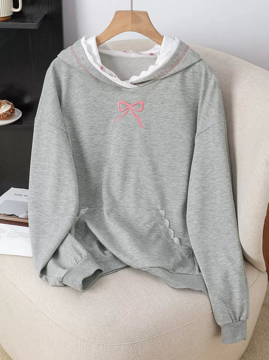 Bow Embroidered Long Sleeve Hoodie
