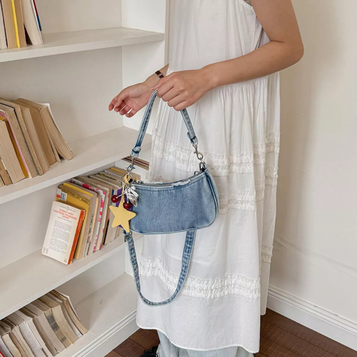 Star Charm Denim Shoulder Bag