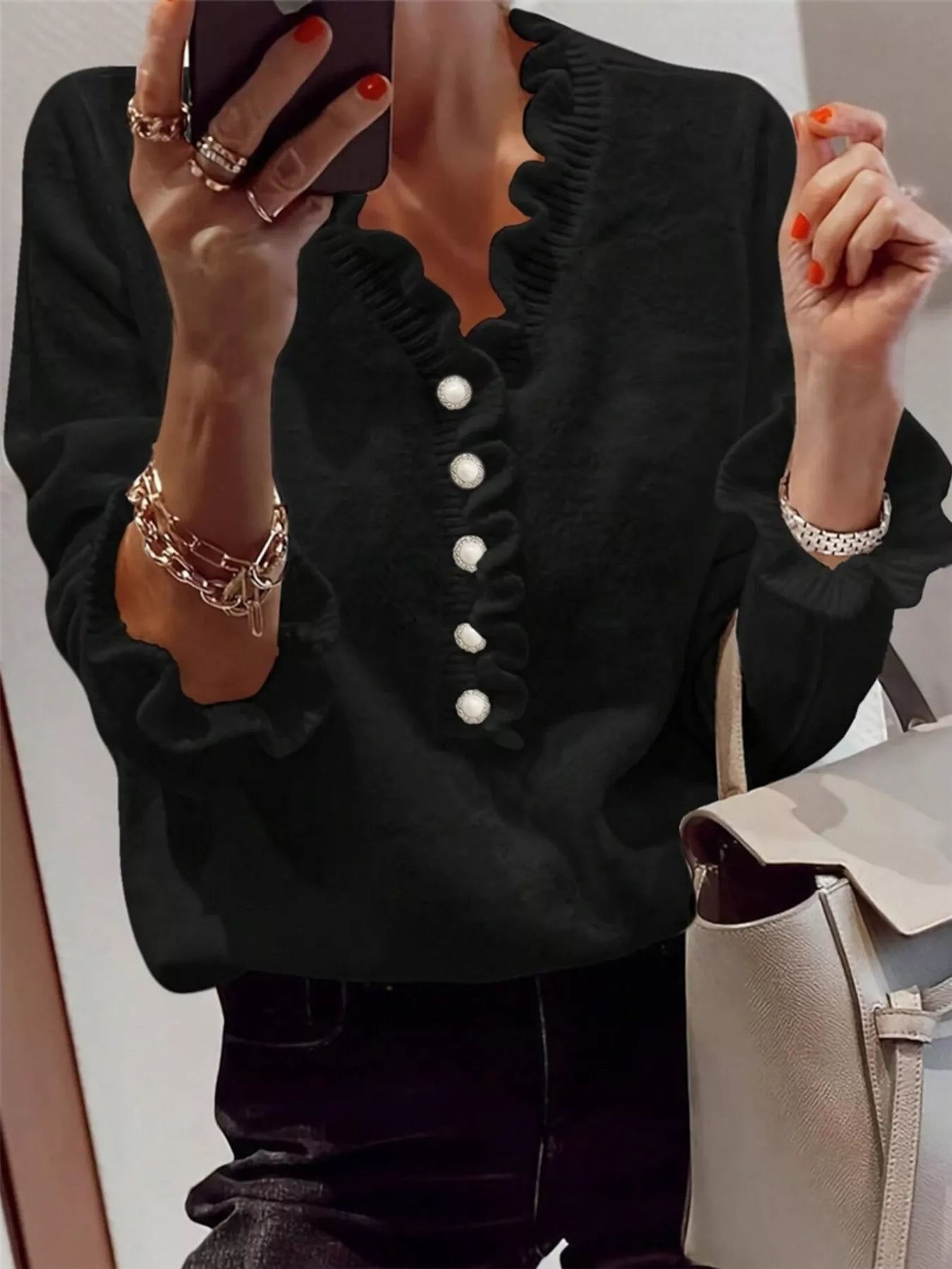 Ruffled Pearl Button Sweater
