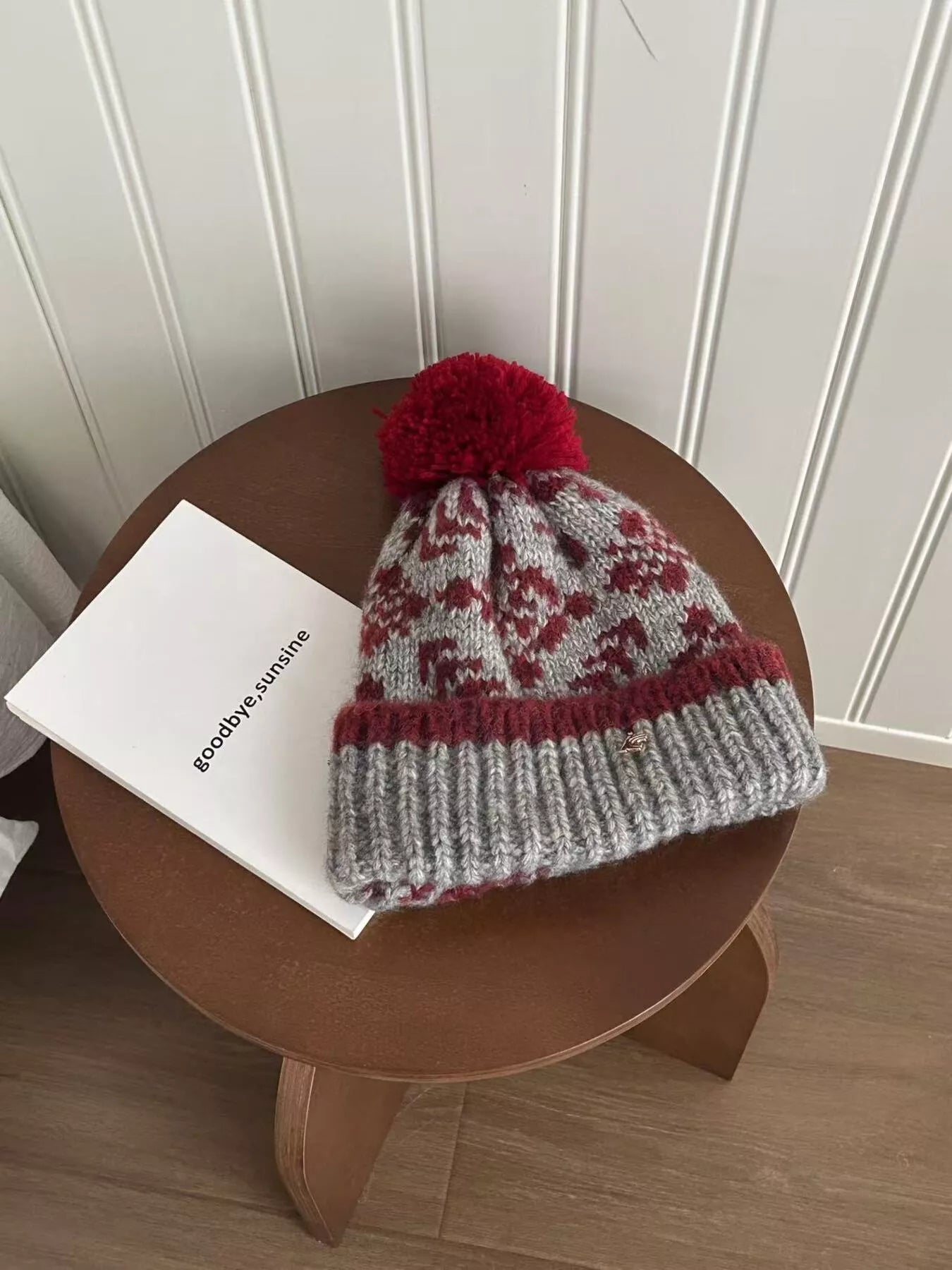 Snowflake Knitted Beanie Hat with Pom Pom