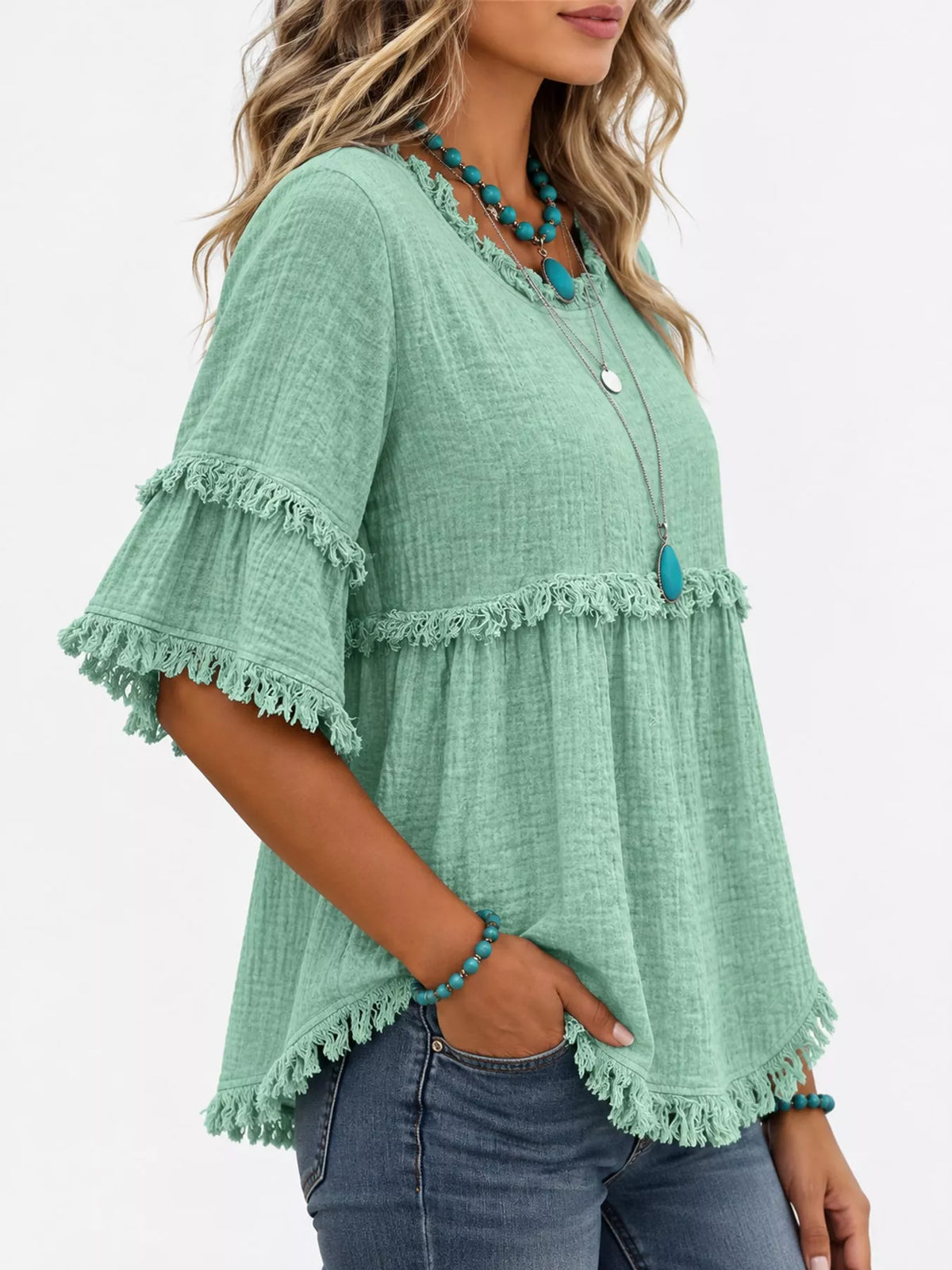 Full Size Frayed Edge Textured Blouse Plus Size