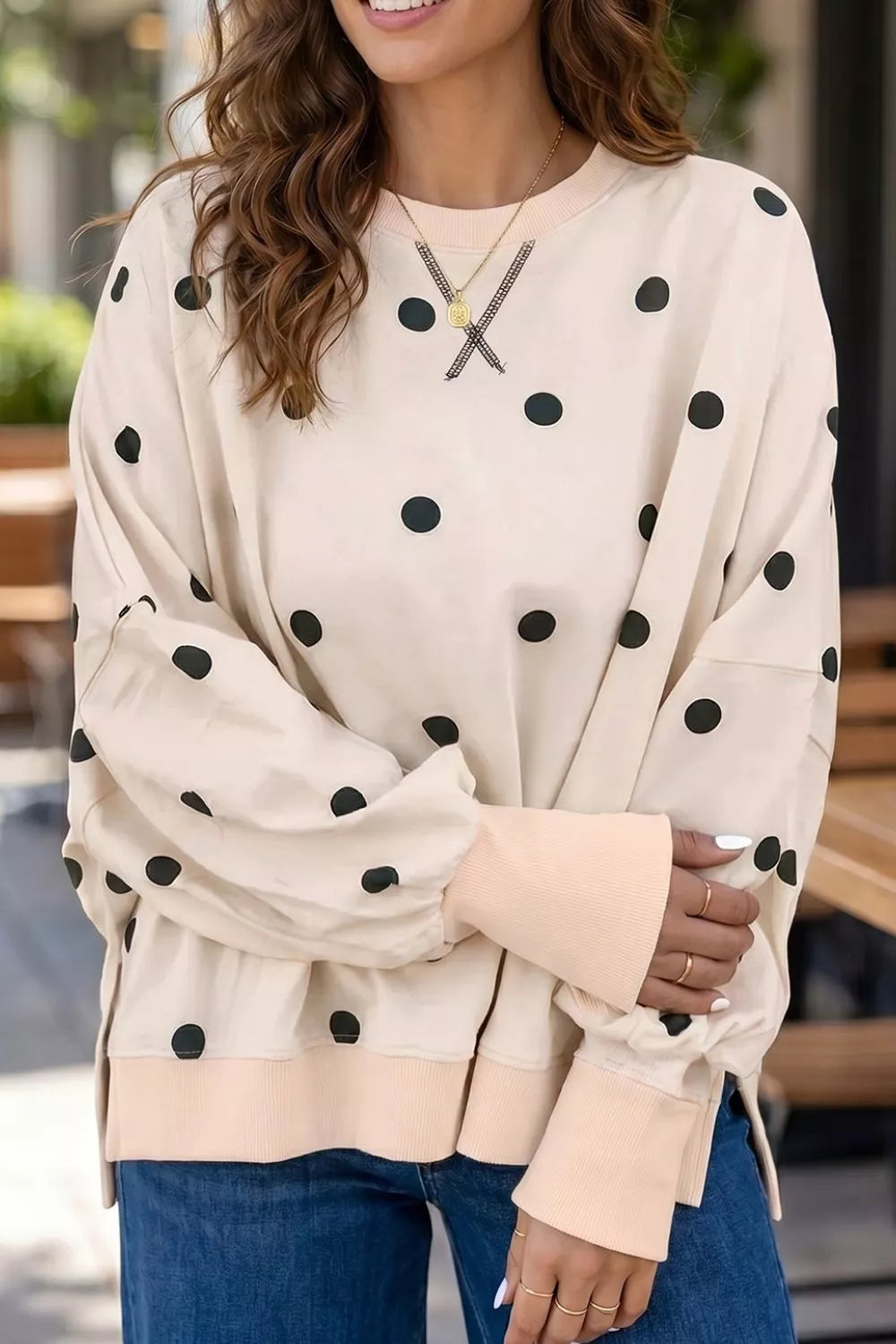 Loose-fit Long Sleeve Round Neck Polka Dot Tunic Sweatshirt