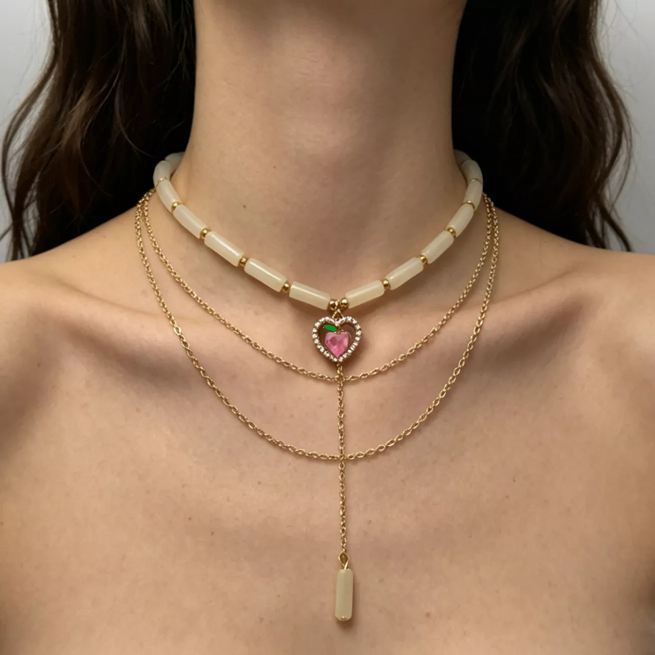 Layered Heart Pendant Necklace with Jade Beads