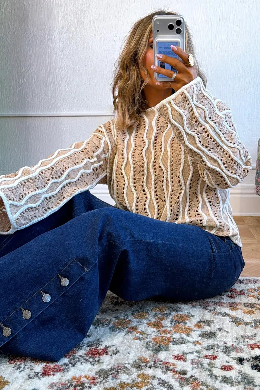 Contrast Wavy Striped Openwork Knit Top