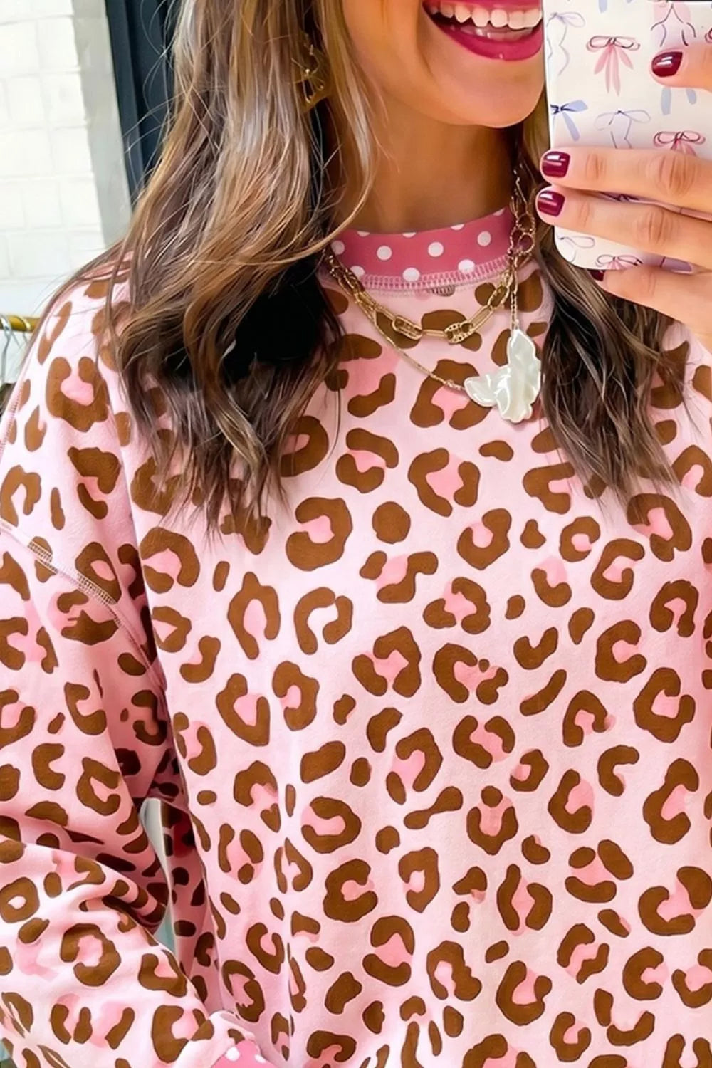 Polka Dot Contrast Trim Leopard Round Neck Sweatshirt