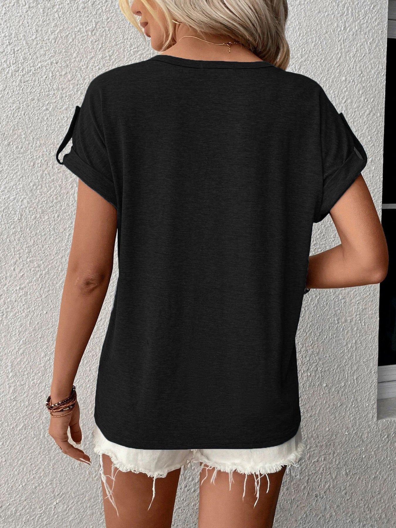 Full Size Casual V-Neck Henley Top with Rolled Sleeves Plus Size