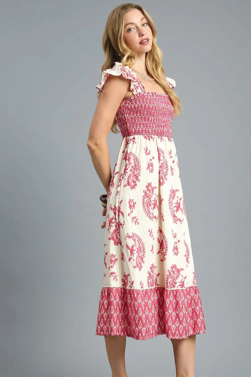 Umgee Printed Smocked Midi Dress with Ruffle Details