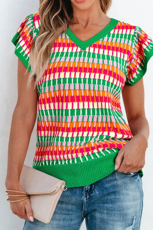 Contrast Striped V-Neck Knit Top