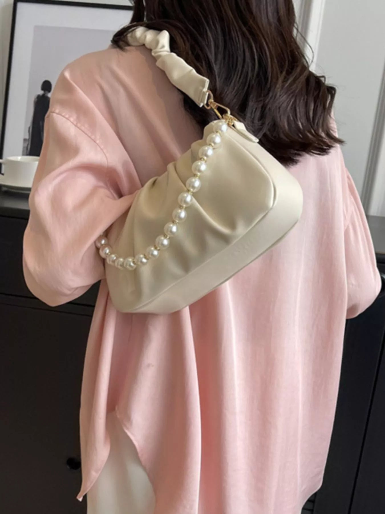 Ruched Shoulder Bag with Pearl Embellishment