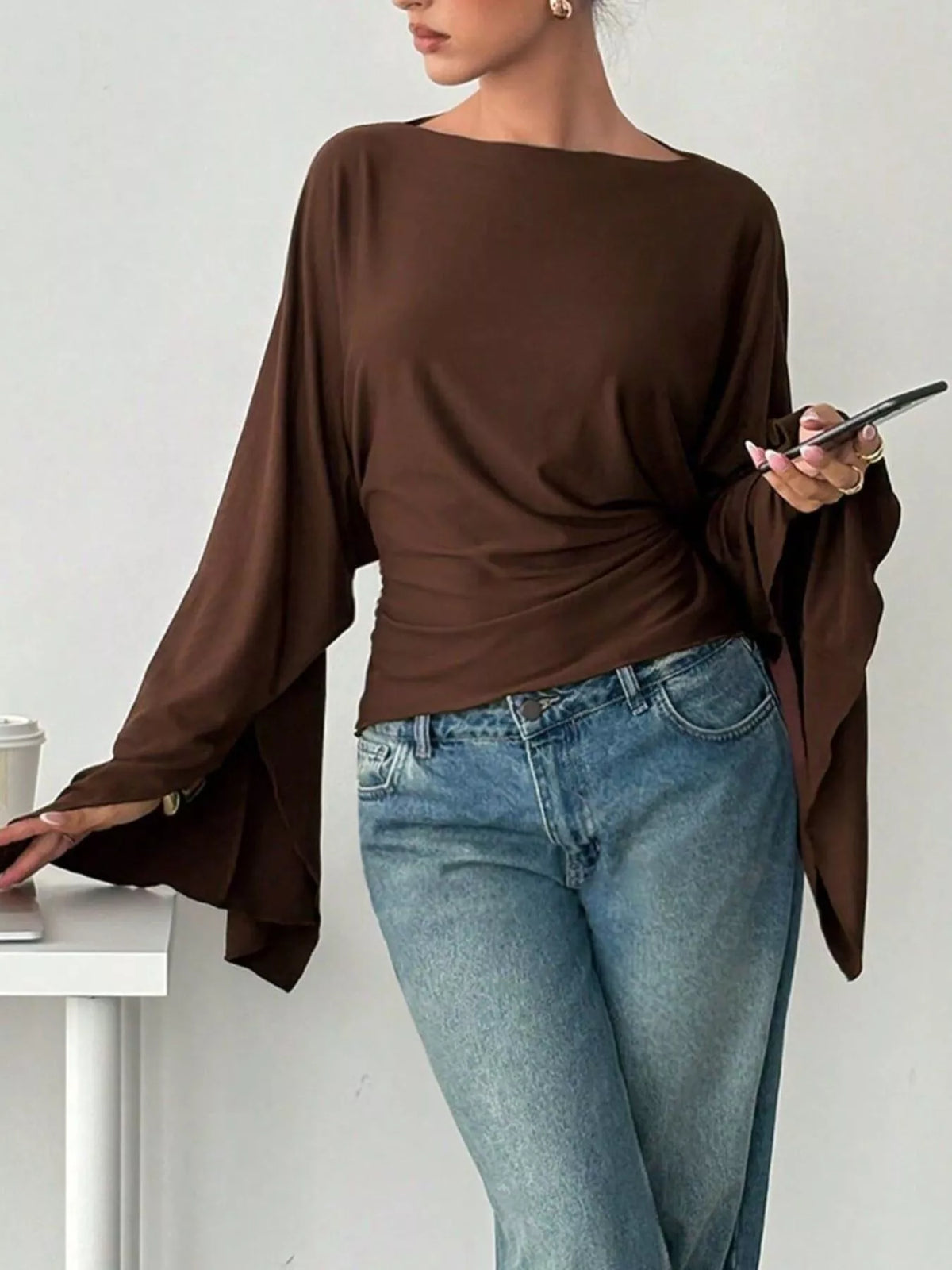 Boat Neck Slit Batwing Sleeve Top