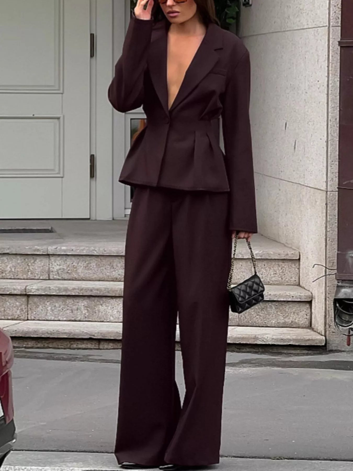 One-Button Blazer and Wide-Leg Pants Set