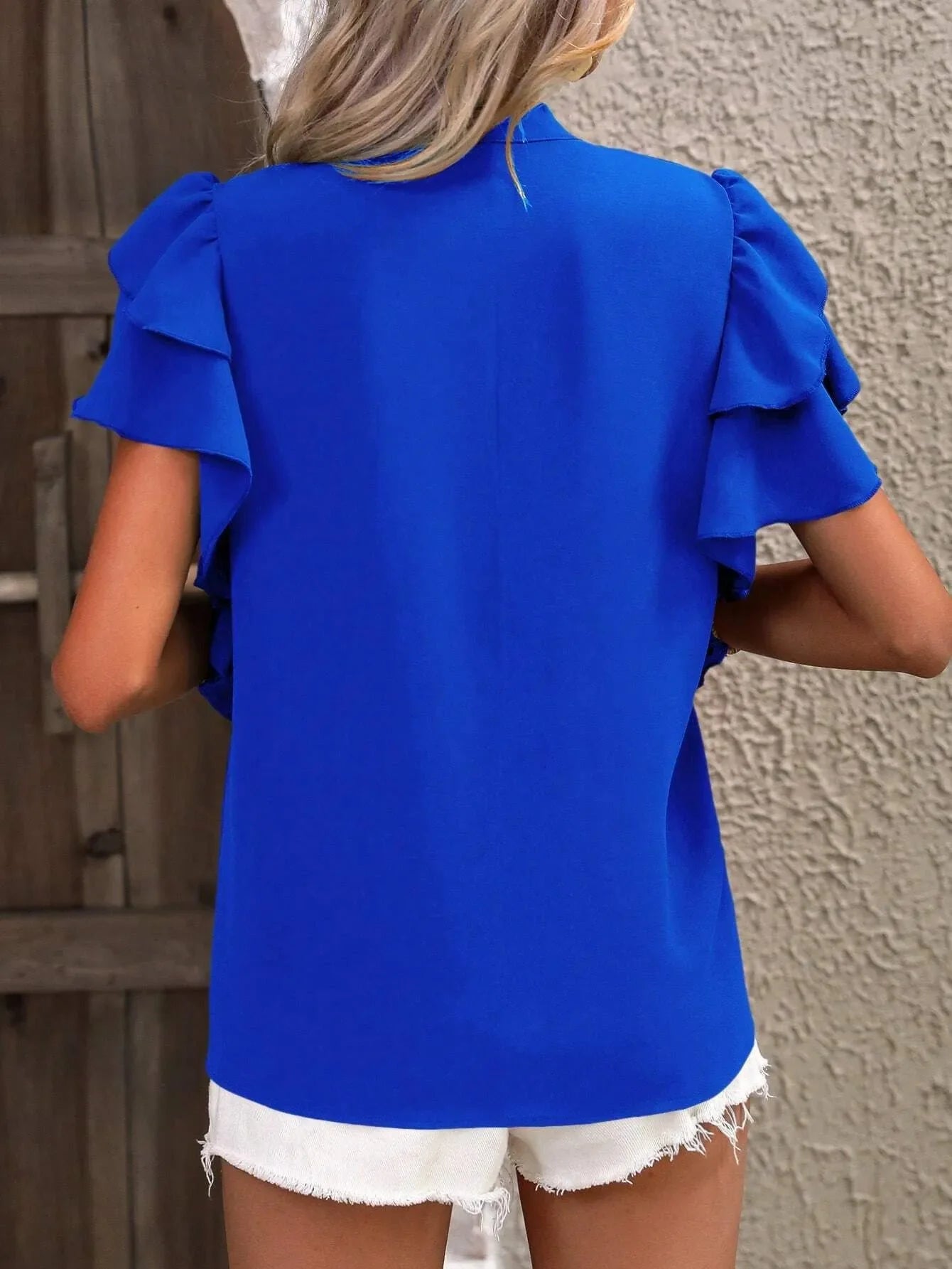 Ruffle Sleeve Notched Blouse