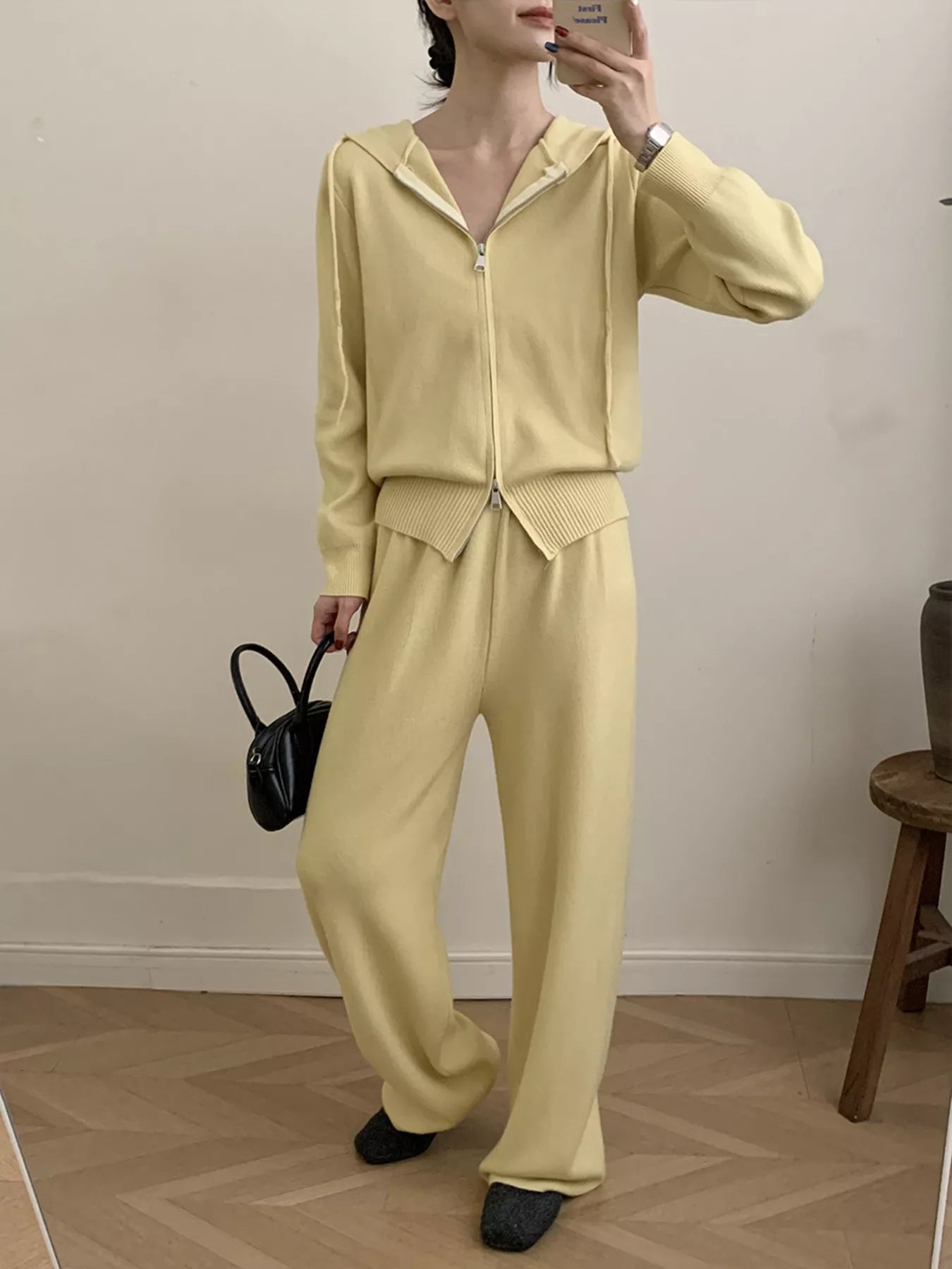 Zip Up Cardigan and Drawstring Wide Leg Pants Knit Set