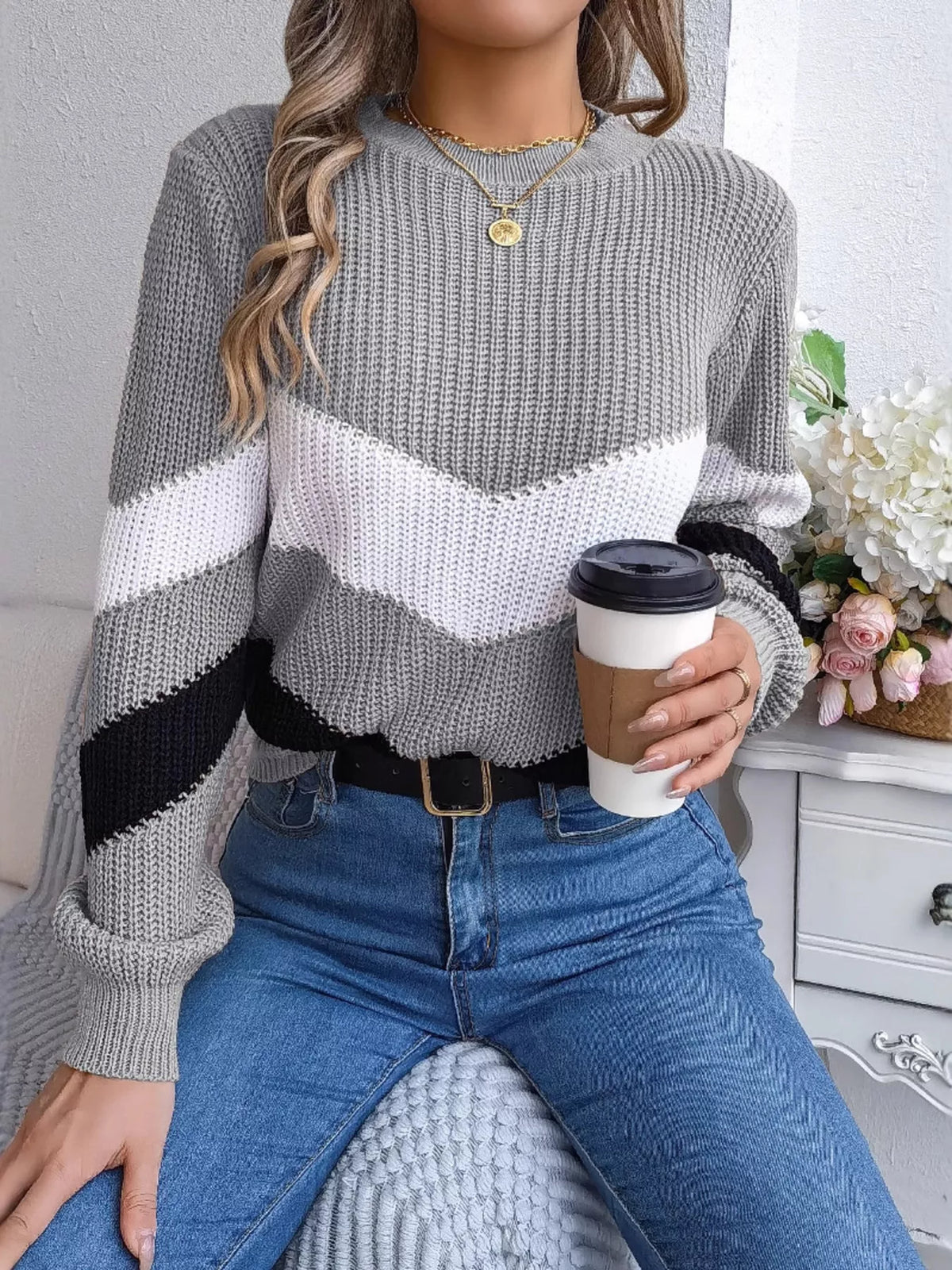 Chevron Stripe Color Block Round Neck Sweater