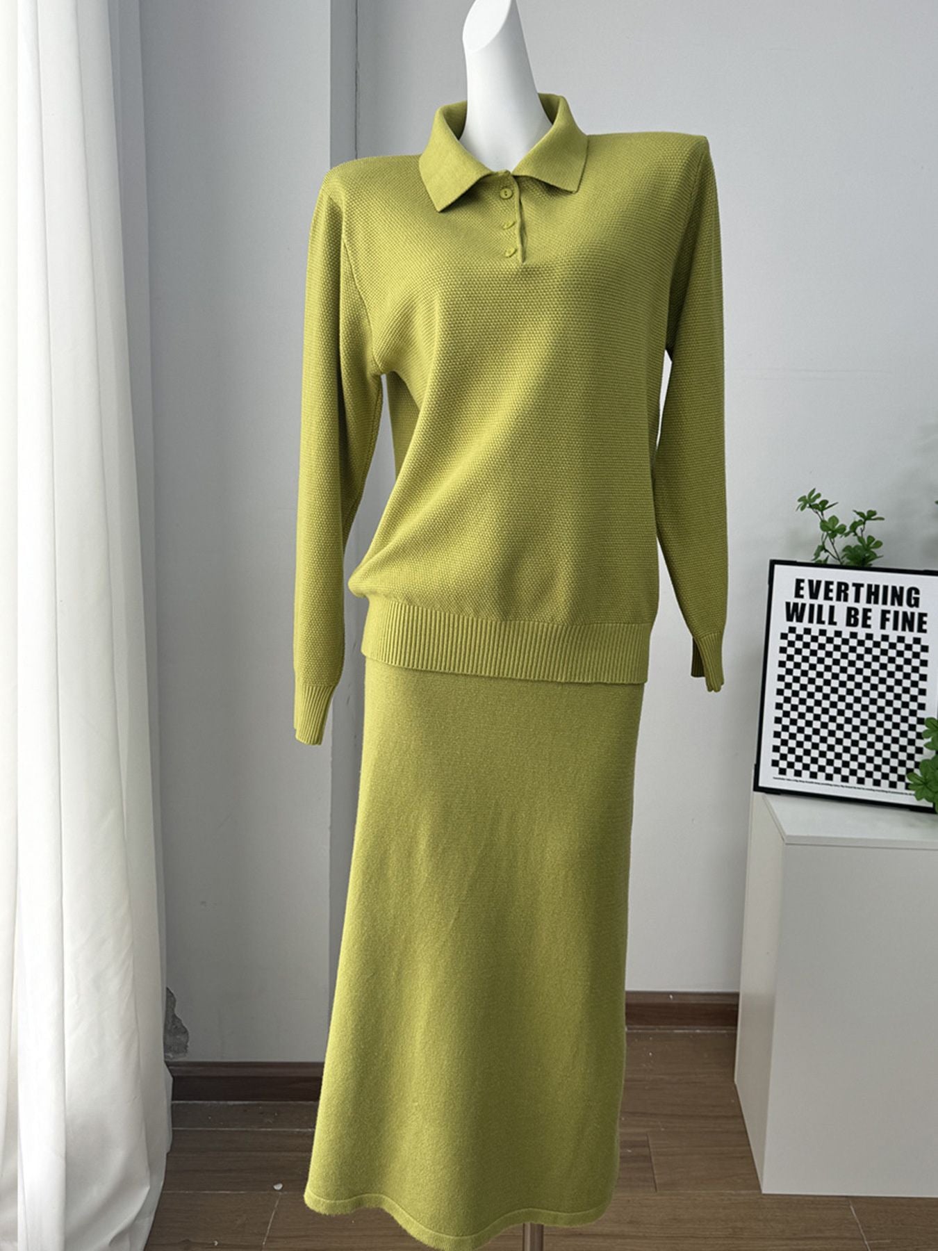 Polo Collar Top and Pants or Skirt Knit Set