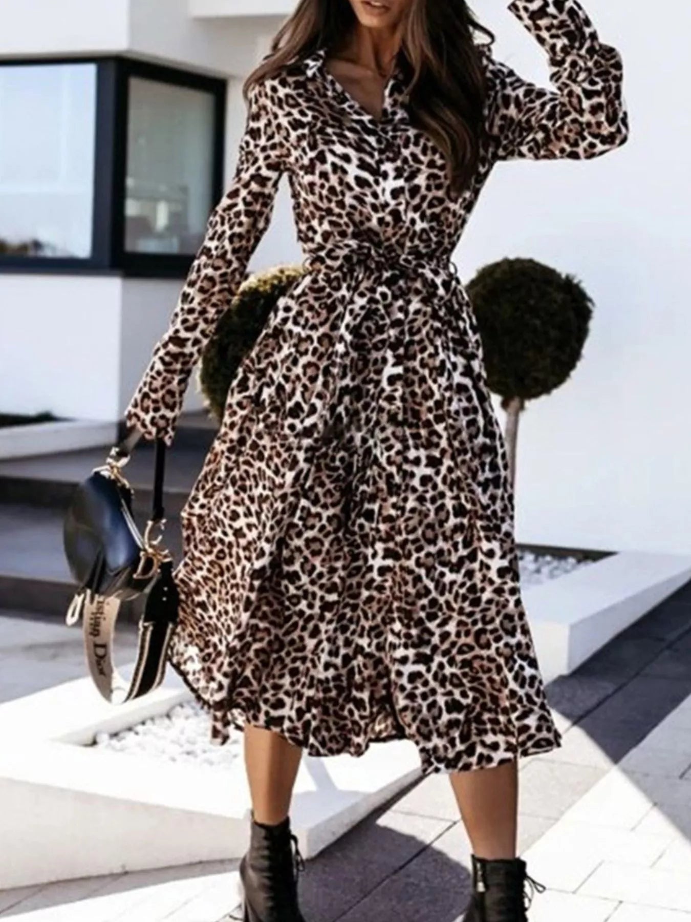 Leopard Print Button-Down Midi Dress with Belt