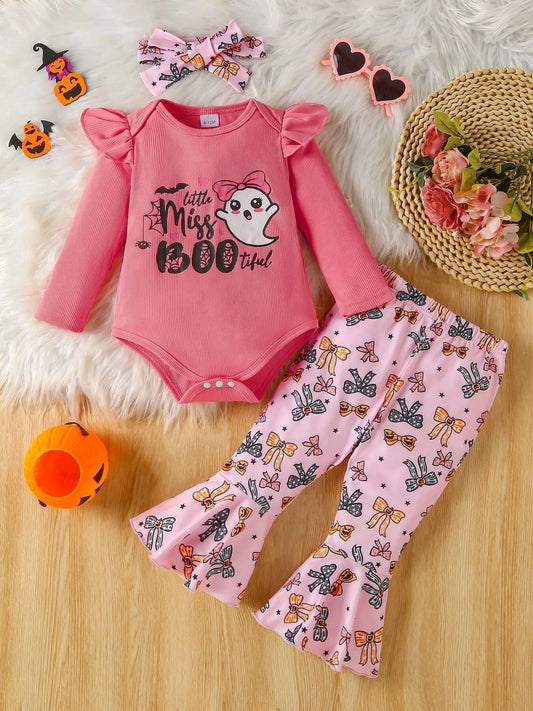 Children's Halloween Graphic Top and Pants 3-Piece Set with Headband