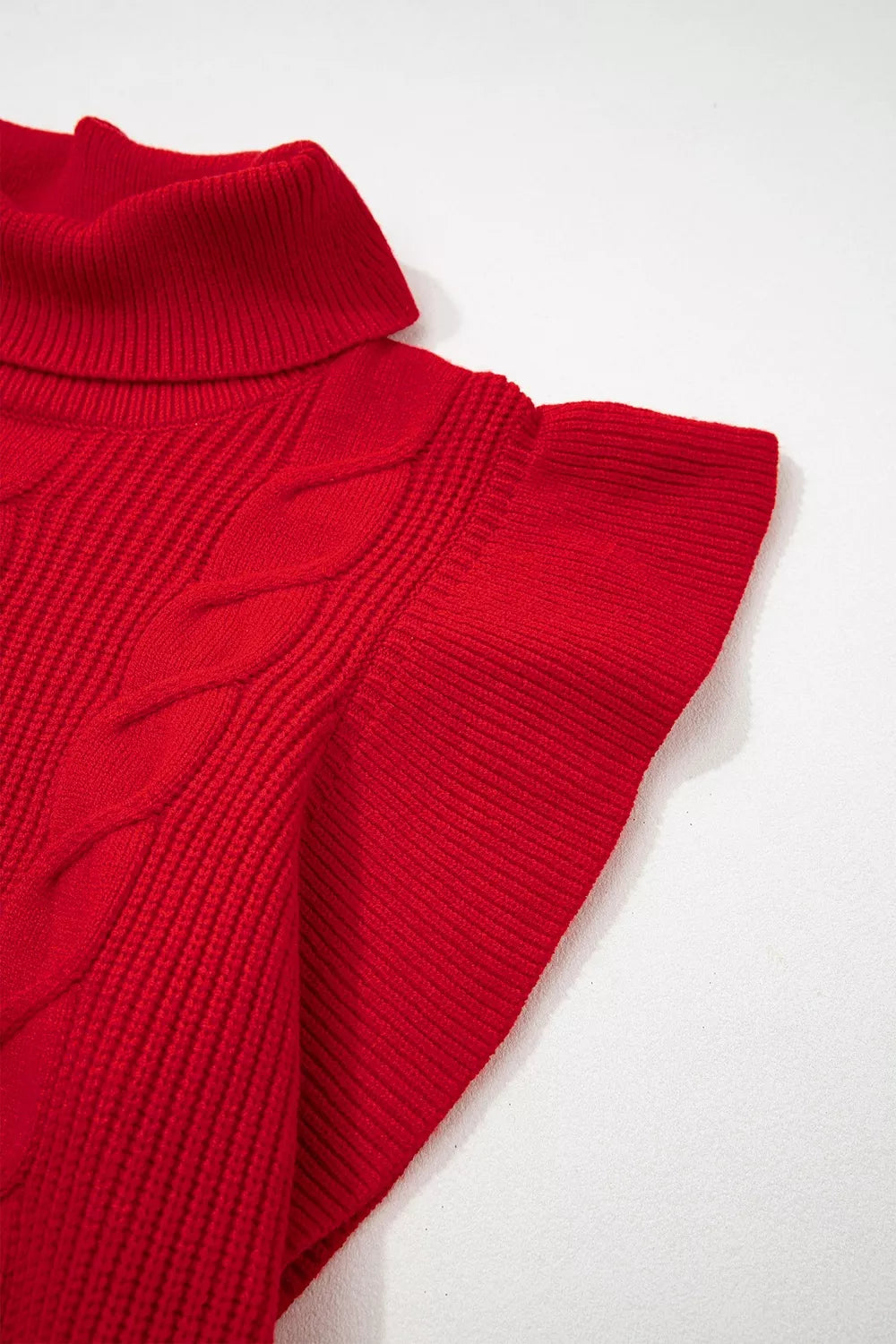 Cable Knit Turtleneck Ruffled Short Sleeve Sweater