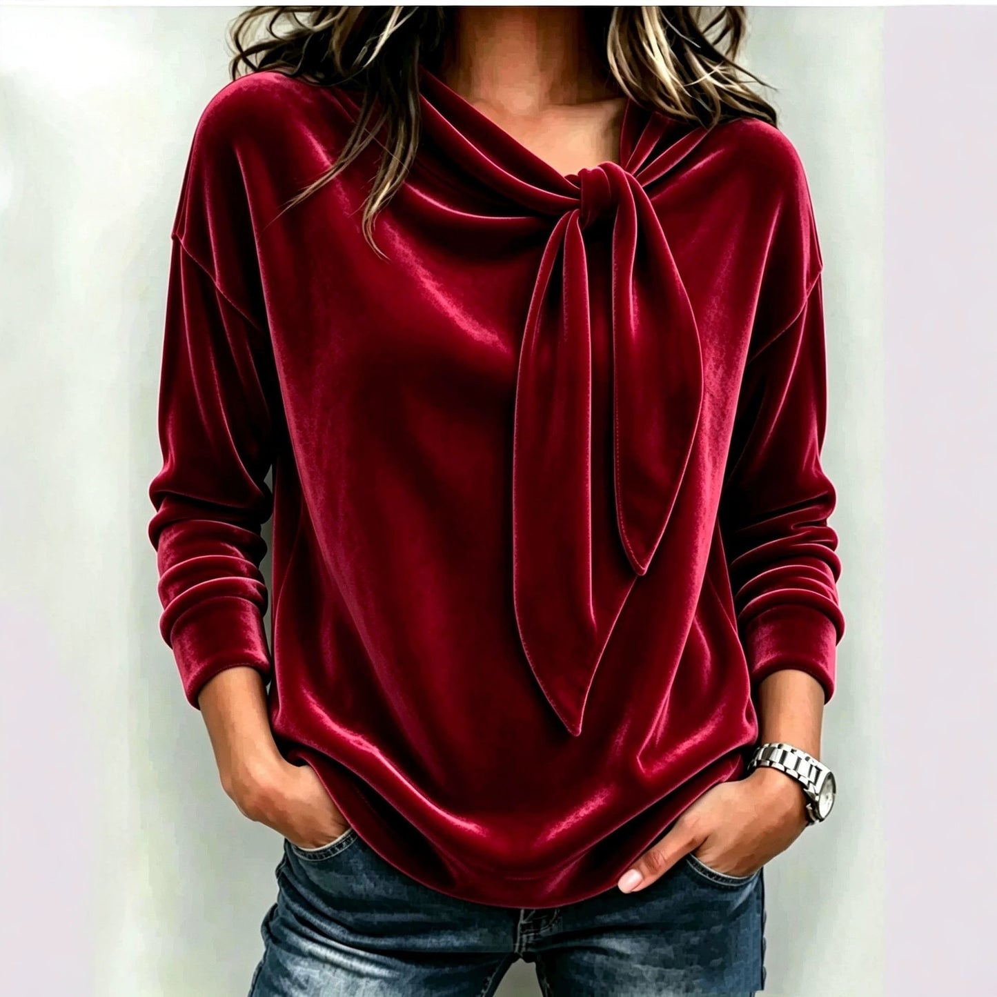 Solid Color Long Sleeve Bow Top – Loose Fit Scarf Collar