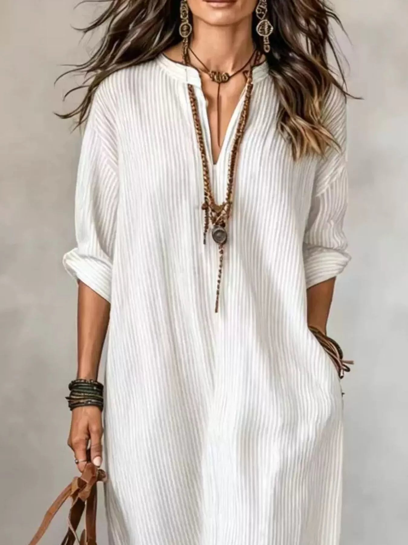 Full Size Striped Notched Maxi Dress with Pockets Plus Size
