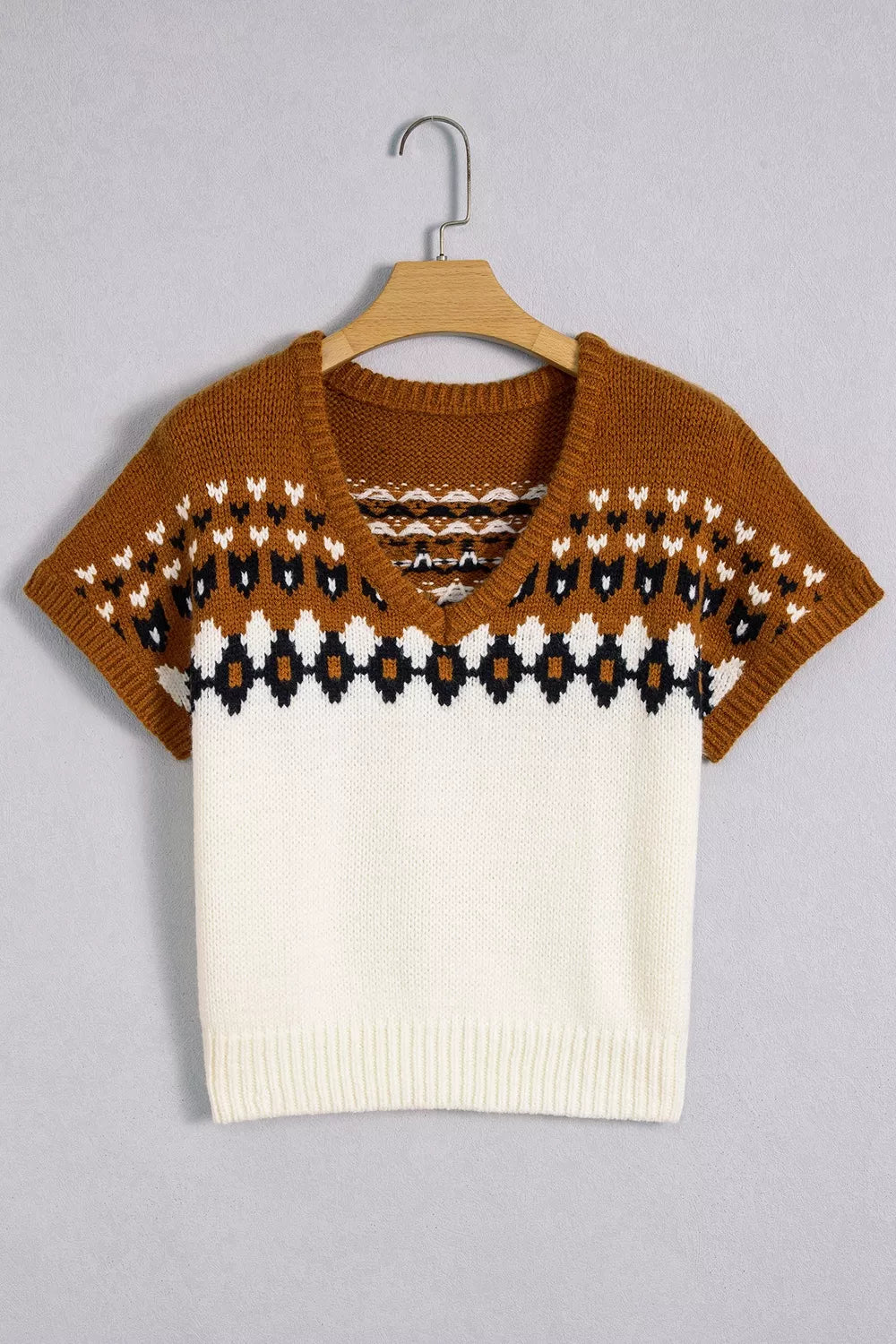 V Neck Short Sleeve Geometric Sweater
