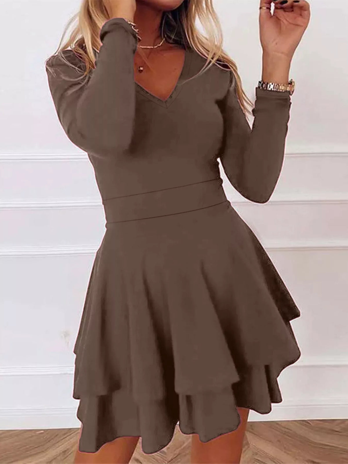 V-Neck Long Sleeve Layered Ruffle Mini Dress
