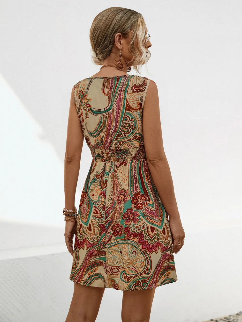 Smocked Printed V-Neck Mini Dress