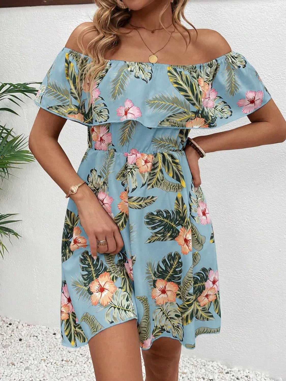 Printed Off Shoulder Mini Dress