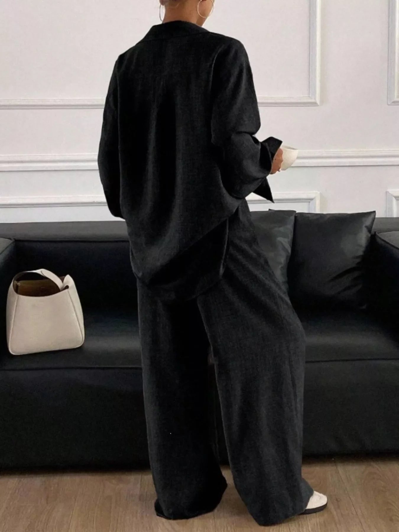 Button Up Long Sleeve Shirt and Wide Leg Pants Set