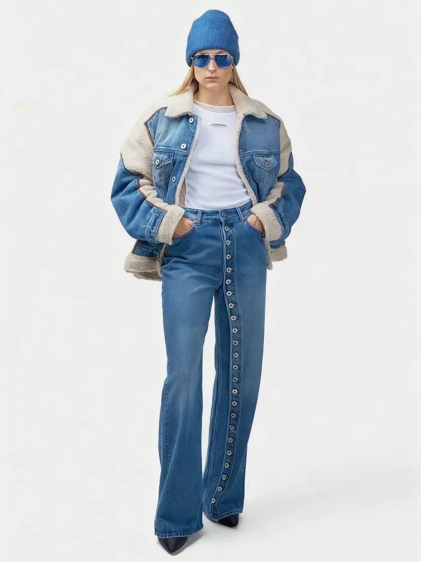 High-Waisted Asymmetric Button-Fly Wide-Leg Jeans