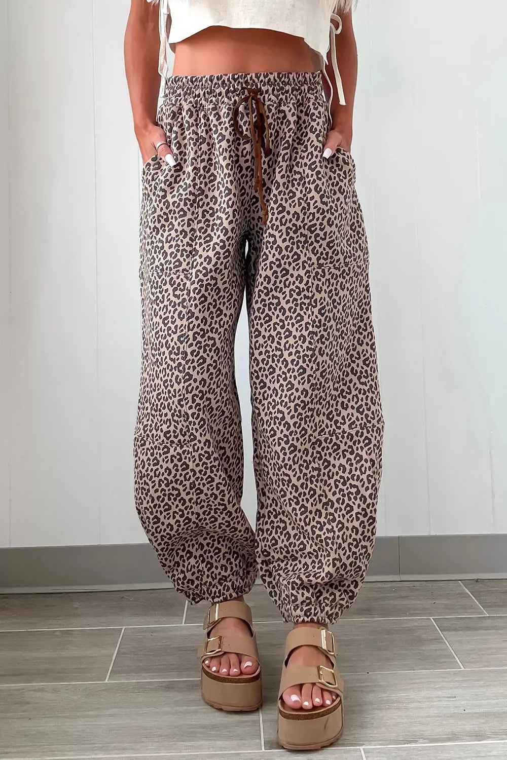 Leopard Print Elastic Waist Ankle Length Pants