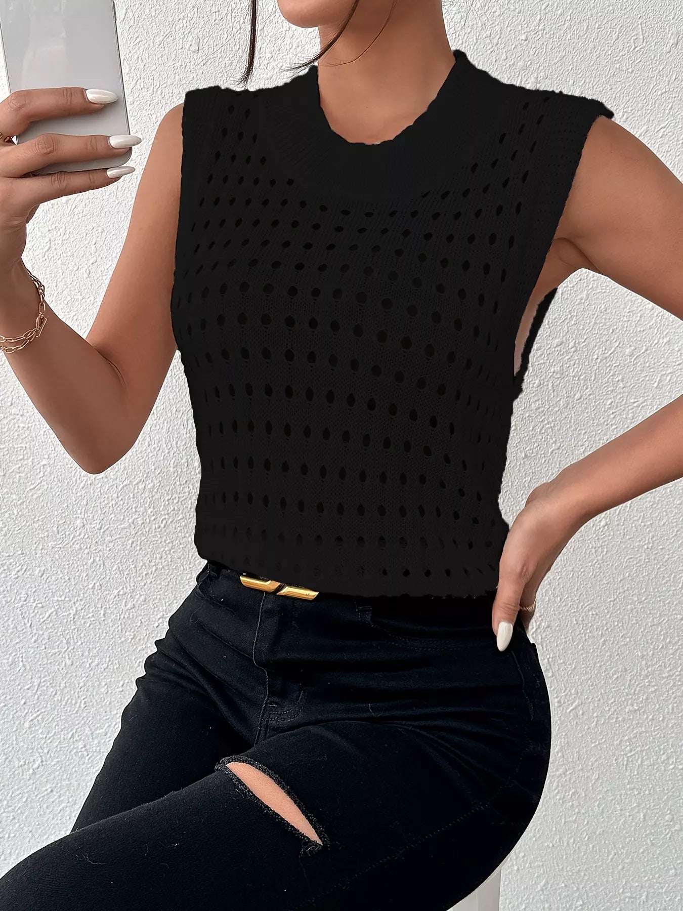 Hollow Out Round Neck Knit Tank