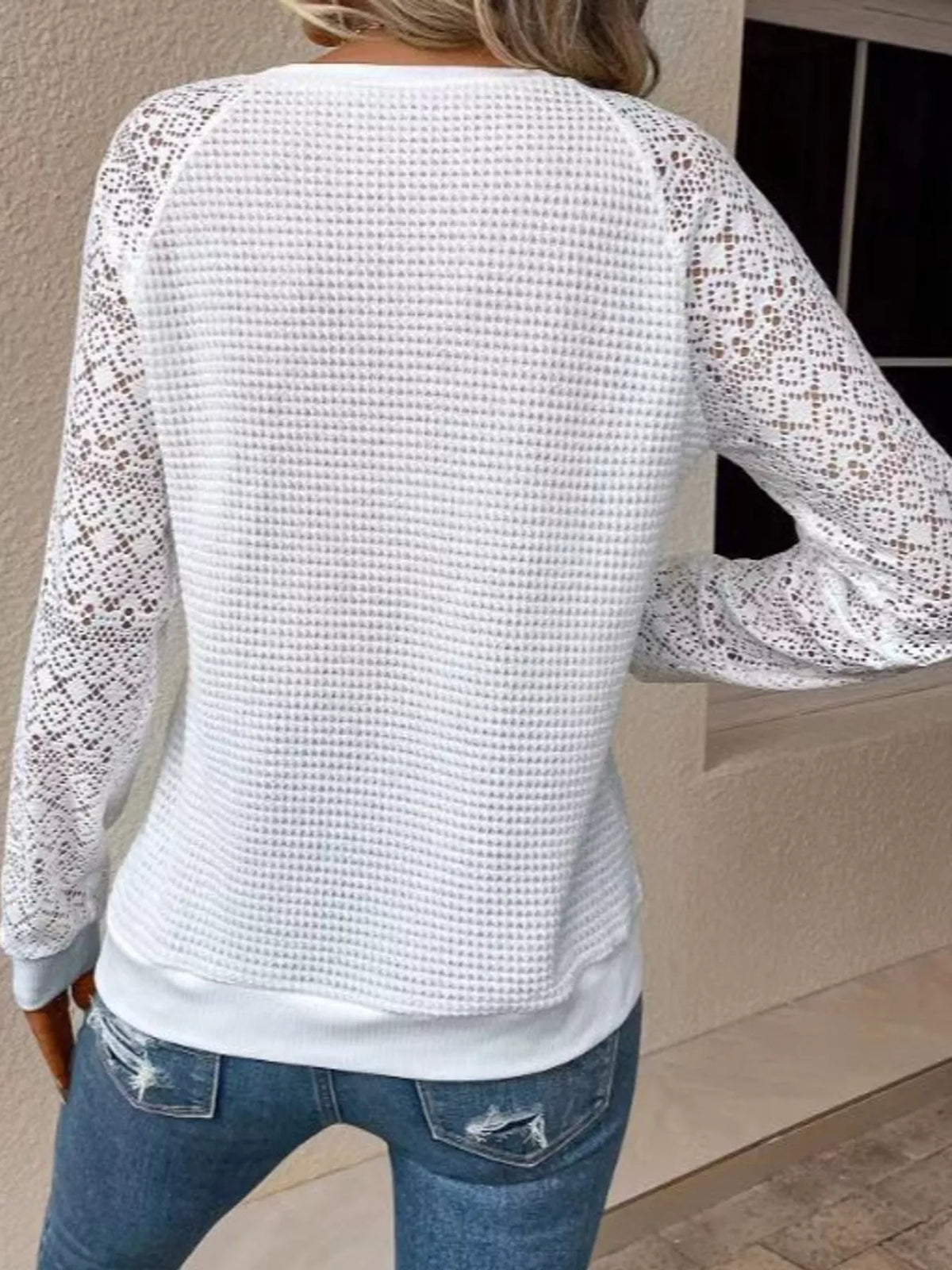 Waffle Knit Lace Sleeve T-Shirt