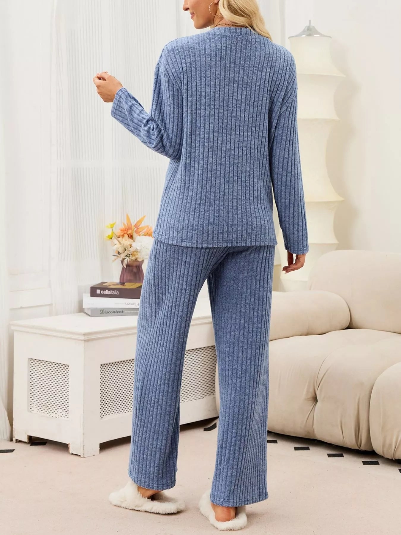 Ribbed Knit Top and Wide-Leg Pants Set